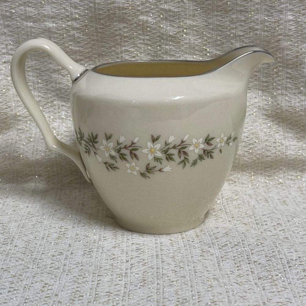 Lennox Brookdale Creamer Silver Rim White and Green Floral Design